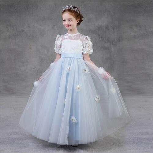 Big Children Flower Girl Dress Elegent Blue Small Flowers Lace Sweet O-neck Tulle Flower Girls Dresses For Weddings Long