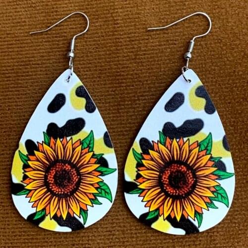 Sunflowers Leopard Cactus Teardrop Earrings Faux Leather Earrings Bulk Order Wholesale