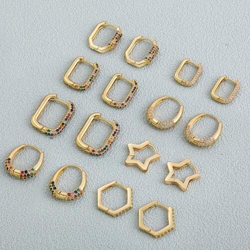 Simple Gold Copper Geometric Star Hoop Earrings for Women Trendy Zircon U Shaped Round Circle Earrings Statement Jewelry Gift