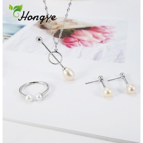 Hongye Natural Pearl Set Female Personalized Stud Earrings Fashion Jewelry 925 Silver Anniversary Necklaces Adjustable Ring Kits