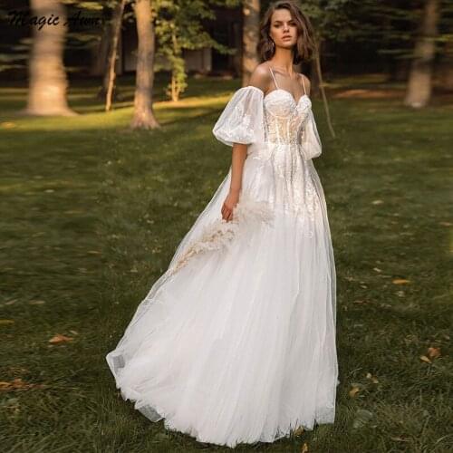 Magic Awn Bohemian Lace Tulle Wedding Dresses Detachable Sleeves Spaghetti Straps Illusion Princess Beach A-Line Mariage Gowns