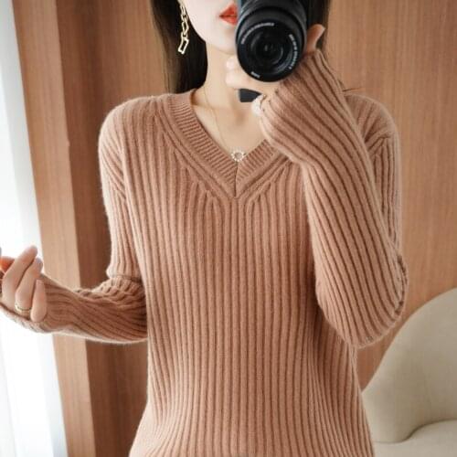 Womens loose autumn and winter wool sweater long-sleeved pullover Womens casual autumn tops pure color wild knitted pullover