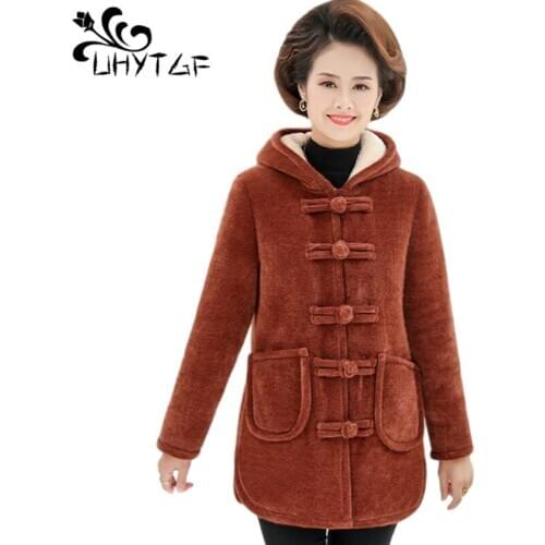 UHYTGF Mid-Length Warm Winter Cotton Jacket Quality Corduroy Plus Velvet Thicken Female Coat Mother 5XL Large Size Outwear 1198