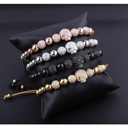 High Quality Luxury Men Jewelry Bracelet 8mm CZ Micro Pave Ball Skull Charm Adjustable Beads Macrame Bracelet