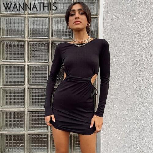 WannaThis Knitted Side Hollow Out Long Sleeve Drawstring Outfit Women Sexy Bodycon Party Dress For Women Black Mini Dresses 2021