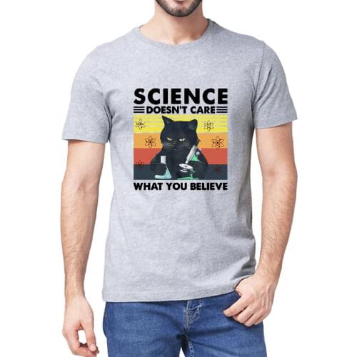 Unisex 100% Cotton Funny Black Cat Science Doesn't Care What You Believe Symbol Vintage Summer Mens Novelty T-Shirt Women Tee