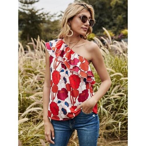 Female Backless Tube Top Women Sleeveless Tank Top Sexy Slanted Shoulder Ruffled Shirts Women Floral Print Shirt Ladies Clothes