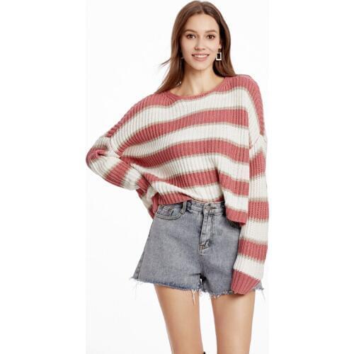 2019 Women Sweaters And Pullovers Autumn Winter Long Sleeve Pull Femme Contrast Striped Female Casual Loose Knitted Sweater
