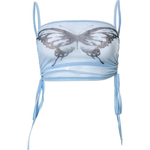 Womens Butterfly Crop Cami Tops, Sheer Mesh Sleeveless Spaghetti Strap Side Drawstring Camisole