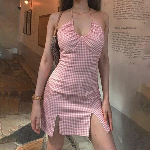 Women’s Sexy Halter Fashion Plaid V-neck Backless Slim Fit Split Dress