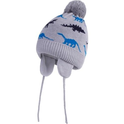 Baby Boys Girls Winter Hat Infant Toddler Dinosaur Bear Earflap Beanie Hat Chin Straps Knitting Pompom Bobble Hat
