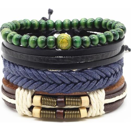 4pcs/set Handmade Fashion Trendy Vintage Female Femme Homme Male Punk Wood Bead Charm Men Leather Bracelet For Women Jewelry