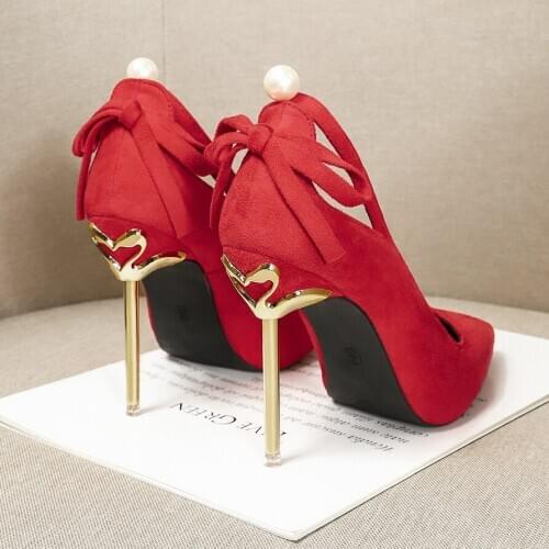Elegant Pearl Bowknot Metal Heel Women Pumps Pointed Sexy Cut-Outs High Heels 10cm Shoes Women Flock Shallow Wedding Shoes Party