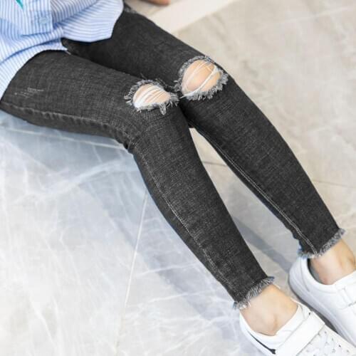 Hot Sale Girls Jeans Hole Ripped Jeans For Kids Korean Denim Pants Black Thicken Jeans Floral Jean Pants Girl Trousers