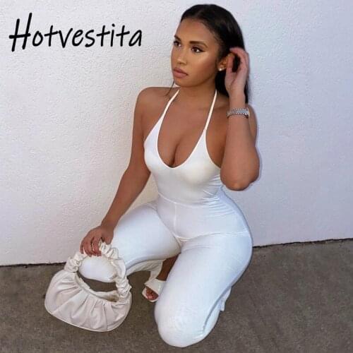 Hotvestita 2021 Fashion Sexy Women Jumpsuits Halter Bodycon Backless Party Club One Piece Outfit Split Pencil Trousers Bodysuits