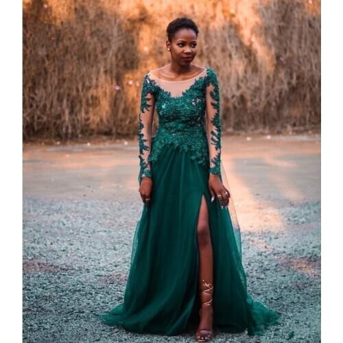Emerald Green Tulle Formal Prom Dresses 2020 Long A-Line African Evening Gowns Long Sleve Appliques Beaded Leg Slit Dinner Gown