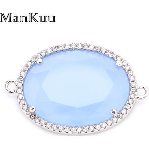 Mankuu 18*23mm Faceted Oval Glass Connector Charms Silver Plated Zircon Natural Gem Stone Connector For Jewelry Making 5pcs/Lot