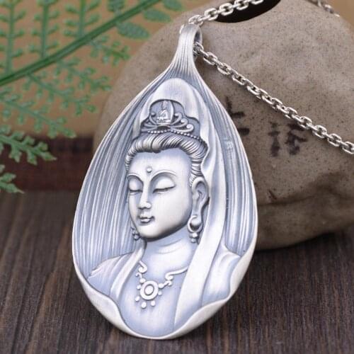 2020 Men Women Silver Pendant 100% 925 Sterling Silver Religious Handmade Vintage Guanyin Buddha Pendant Jewelry Free Shipping