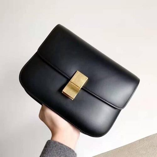 DOYUTIG Classical Design Womens Black Genuine Leather Square Crossbody Bags Lady Trendy Real Cow Leather Shoulder Bags K004
