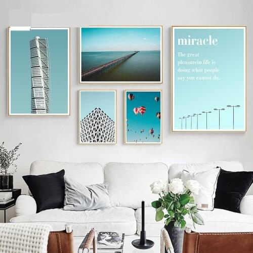 Modern Cityscape Seascape Poster Life Quotes Wall Art Canvas Painting Nordic Home Decoration Building Bridge Ballon Pictures