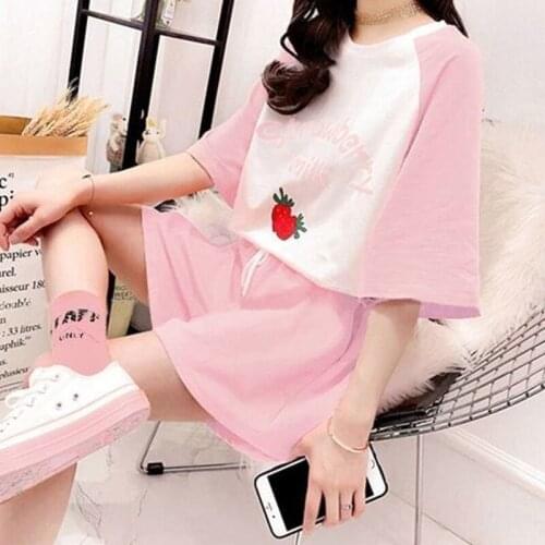 Summer Womens T-Shirt Short Sleeves Round Collar T-Shirt+Shorts 2 Pieces Set Fashionable Girl Sports T-Shirt Shorts Large Size