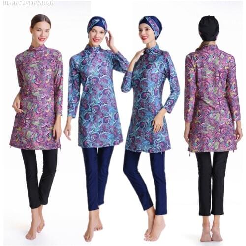 Fashion 3 PCS Muslim Islamic Printed Swimwear Beachwear Jewish Modesty Full Cover Swimsuit Burkinis Beach Womens Sport Costumes