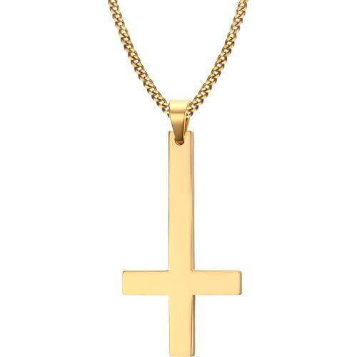 Fashion Stainless Steel Inverted Cross Pendant Necklace Lucifer Satan Punk Jewelry Chain For Men Women Anti-Christian Gift