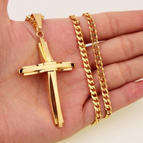 Top Polished Silver/Gold 316L Stainless Steel Cross Pendant Necklace for Men Women Free Shipping Jewelry Religious Kpop Gift
