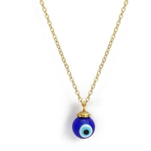 Acrylic Round Beads Blue Evil Eyes Pendant Necklace For Women Men Gold Color Link Chain Choker Jewerly Lucky Accessories Collier