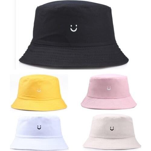 2021 Korea Simple Style Panama Caps Smile Embroidery Women Man Couple Bucket Hats HipHop Boys Girls Fisherman Cap Bob Hat Summer