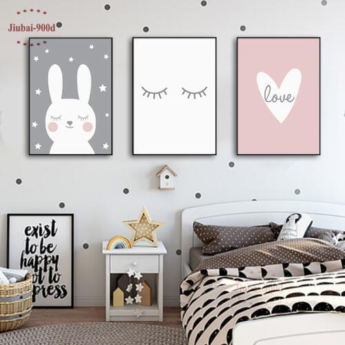 Cartoon Animal Poster Baby Room Wall Decoration Canvas Painting Nursery Wall Art Decoration pictures Bunny Heart Eyelash NUR28