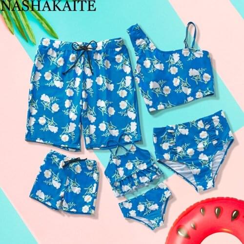NASHAKAITE Family Swimsuit Blue Printed Bikini Set For Mom Daughter Dad Son Swimsuit Summer Sexy Mommy and me Swimsuit