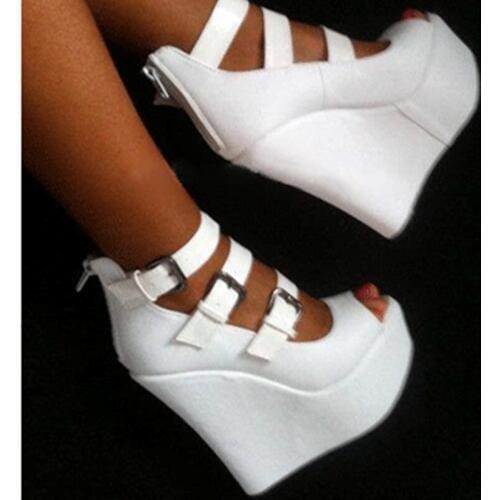 SHOFOO shoes.Simple womens shoes , white leather, about14.5 cm wedges womens shoes, peep toe pumps. SIZE:34-45