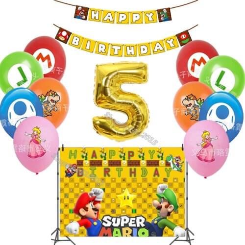Super Mario Child Party Supplies Kid Birthday Backdrop Game Cartoon Printed Banner Aluminum Digital Latex Round Balloons Gift
