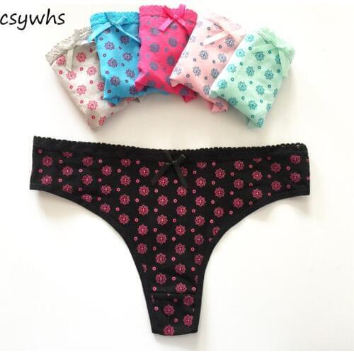 CSYWHS 5pcs Thong Womens Cotton Panties Low Rise Sexy Briefs for Women Thong Lace Printing Underwear Intimate Products M L XL