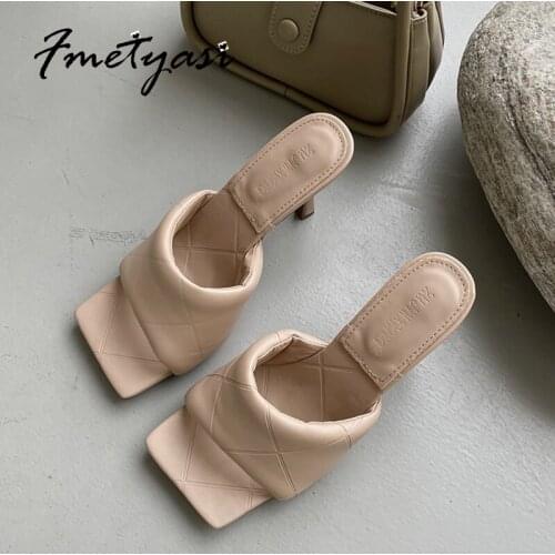 Women Sandals Square Toe Pumps 2021 New Thin Heels Modern Sandals for Summer Sewing Plaid Stiletto Slingbacks Solid Open