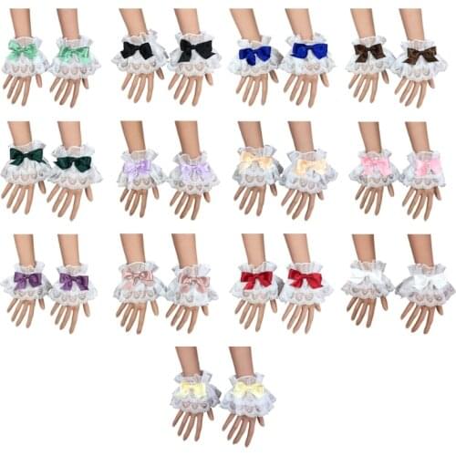 Japanese Lolita Hand Sleeve Wrist Cuffs Sweet Ruffled Lace Multicolor Bowknot Maid Cosplay Bracelet for Wedding Party