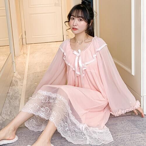 Fdfklak Womens Nightgown Night Dress Lingerie Feminina 2020 Spring Summer New Long Sleeve Lace Princess Sleeping Dress