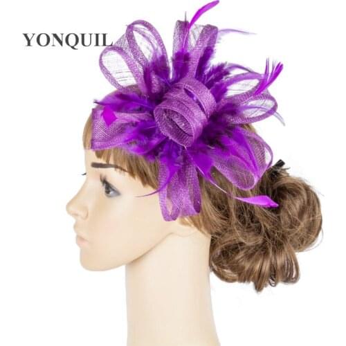 Purple Feather Hair Fascinator Accessory Women Elegant Clip Hat Flower Lady Wedding Hair Accessories Hair Pins Millinery TMYQ073