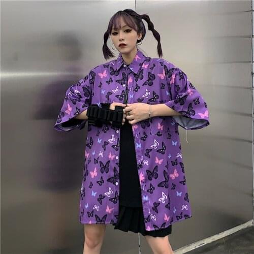 Short Sleeve Unisex Butterfly Printed Lady Gothic Shirts Purple Women Loose Harajuku Shirt Casual Street Korean Fashion Clothes