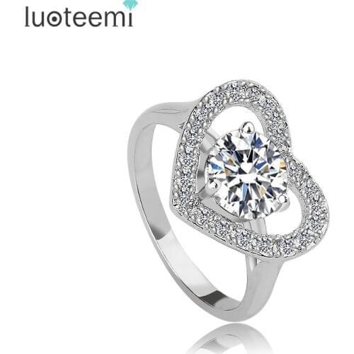 LUOTEEMI White Gold-Color Heart Shaped Cubic Zirconia with Micro CZ Cluster Setting Engagement Rings for Women Jewelry