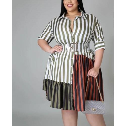 Plus Size Striped Print Dress Womens Large Big Size Patchwork Single Breasted Turn Down Collar Mid Calf Fashion Elegant Dresses