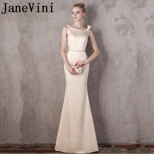 JaneVini Elegant Champagne Long Bridesmaid Dresses Mermaid Beaded Backless Sweep Train Women Formal Party Gowns Vestidos Dama