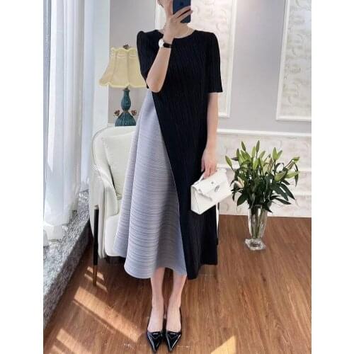 2021 Summer New Miyak Pleated woman dress Loose O-neck Short sleeve plus size dresses Tide