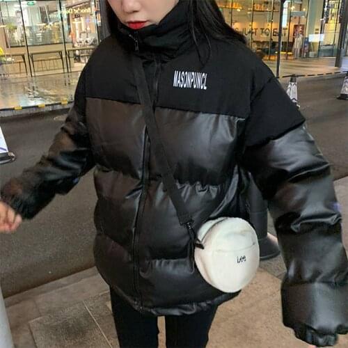 Winter Women Elderly Long-sleeved Down Jacket Black Warm Jacket PU Leather Stand-up Collar Windproof Women Fashion Jacket