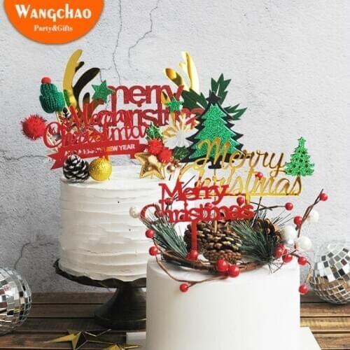 Acrylic Merry Christmas Tree Cake Topper Christmas Decorations for Home Happy New Year Tree Elk Xmas Party Supplies