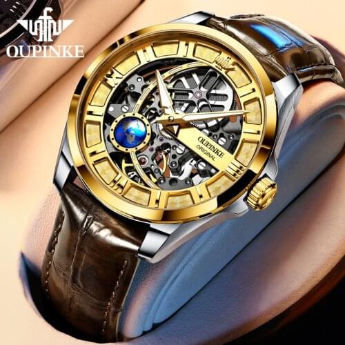 OUPINKE Top Luxury Skeleton Design Automatic Mechanical Watches For Men Leather Strap Sapphire Mirror Sport Male Wristwatch