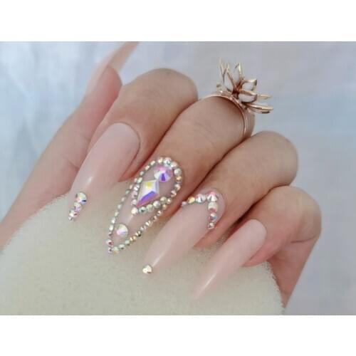 Complexion 24pcs Super Long Pointed Oval False Nails Slim Art Salon Crystal Diamond