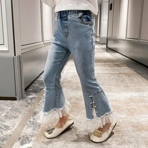 2020 Newest Boot Cut Jeans For Girls Lace Pearls Bottom Casual Kid Slim Jeans Teenage Childrens Clothes 6 8 10 12 14 Jeans