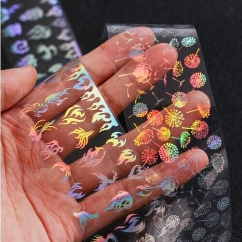 4*100cm/Roll Holographic Nail Foil Flame Dandelion Panda Bamboo Holo Nail Art Transfer Sticker Water Slide Nail Art Decals